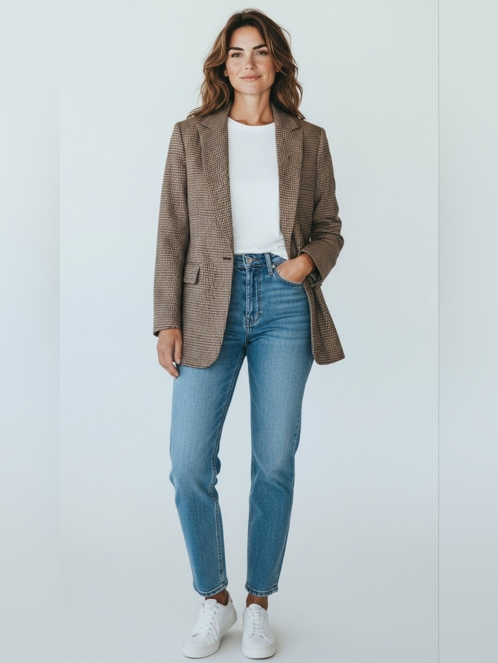 Emerson Fry Brown Houndstooth Lined Linen Tailored Blazer Misses Size 12